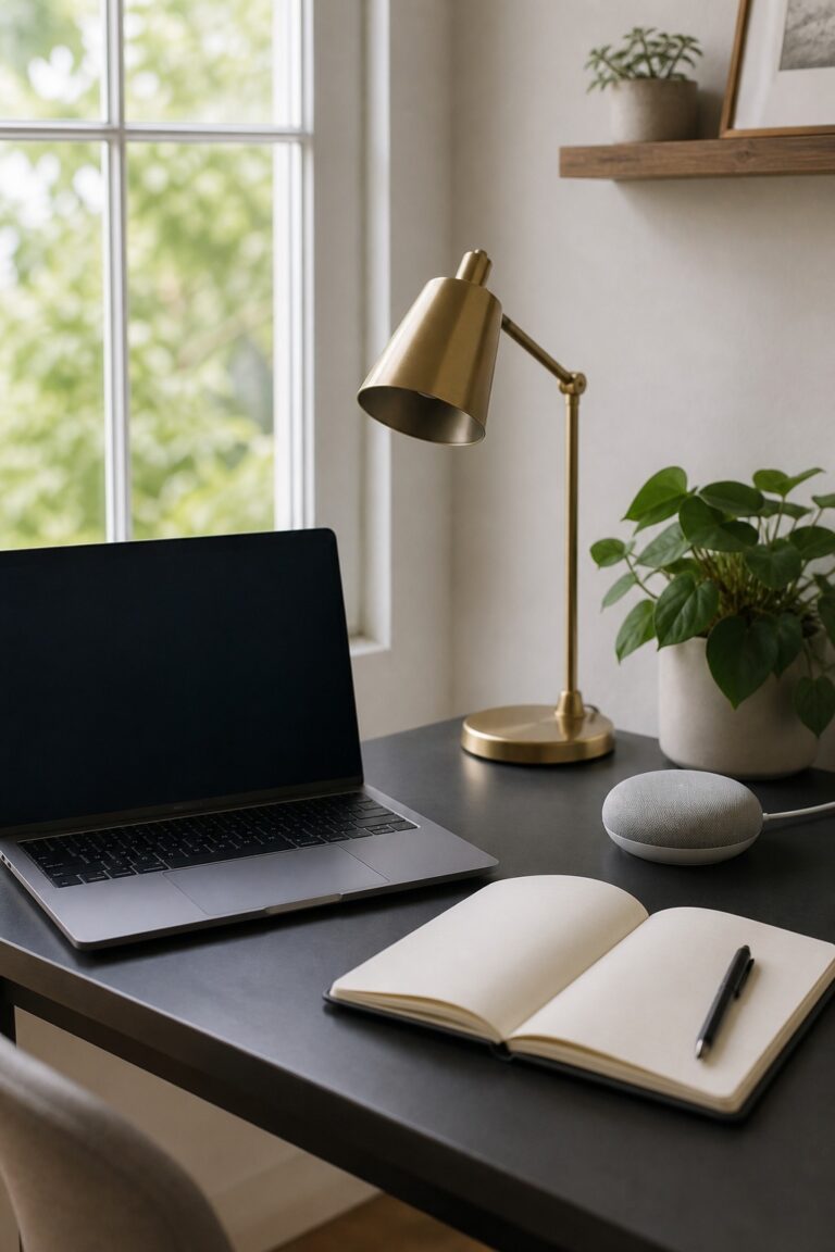 A tidy modern home workspace with a laptop, desk lamp, notebook, and smart speaker