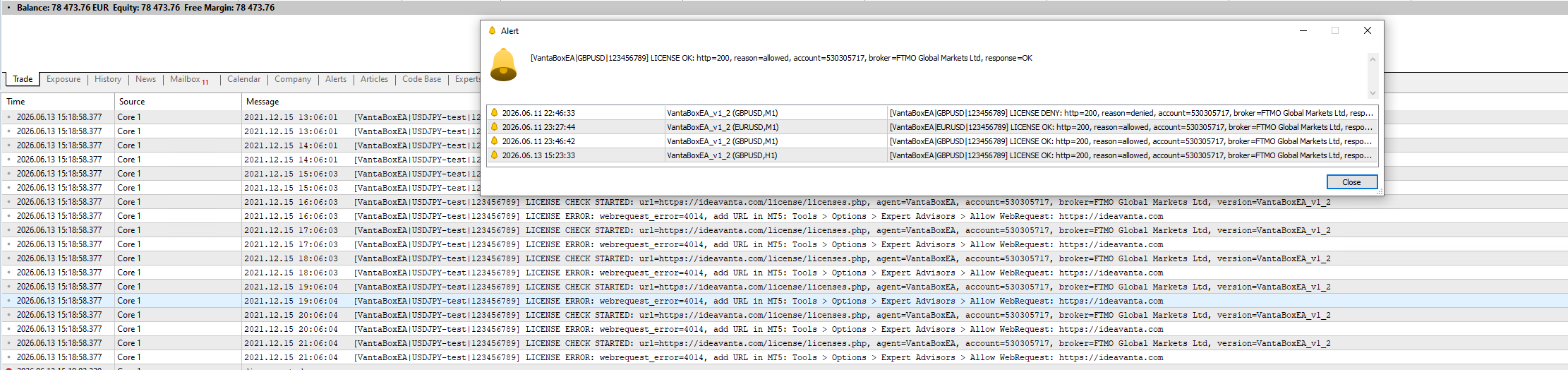 Successful VantaBox EA license check notification in MT5