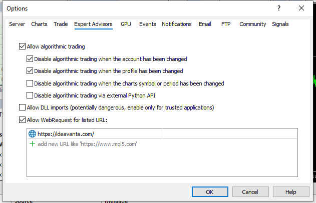 Allow WebRequest setting for ideavanta.com in MetaTrader 5