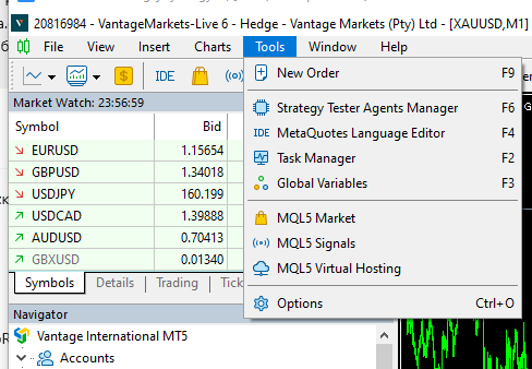 Tools menu and Options item in MetaTrader 5
