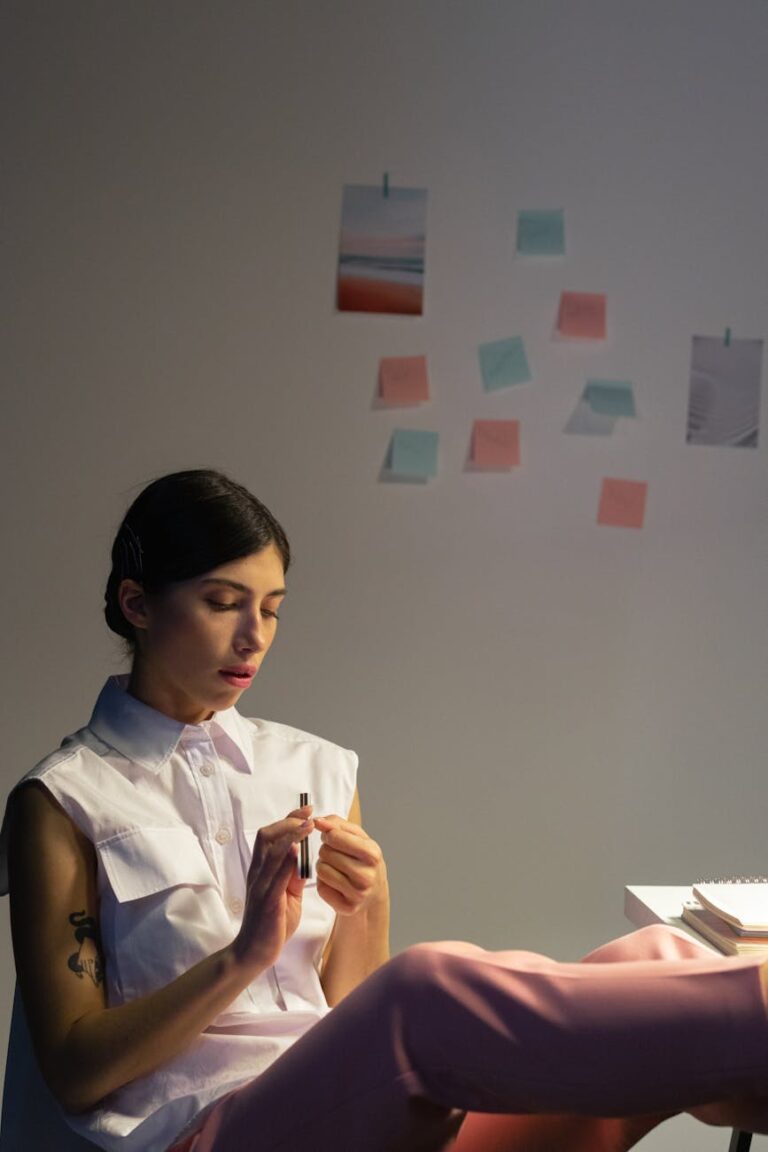 Woman taking a mindful break at her office desk