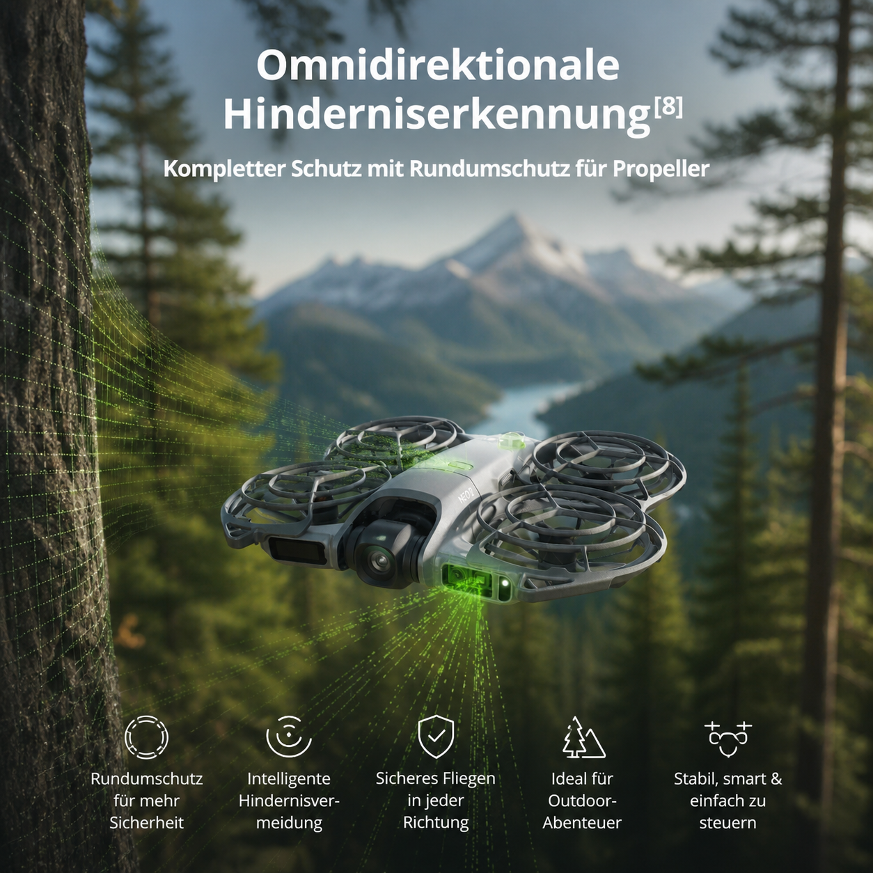 DJI Neo drone flying in mountains
