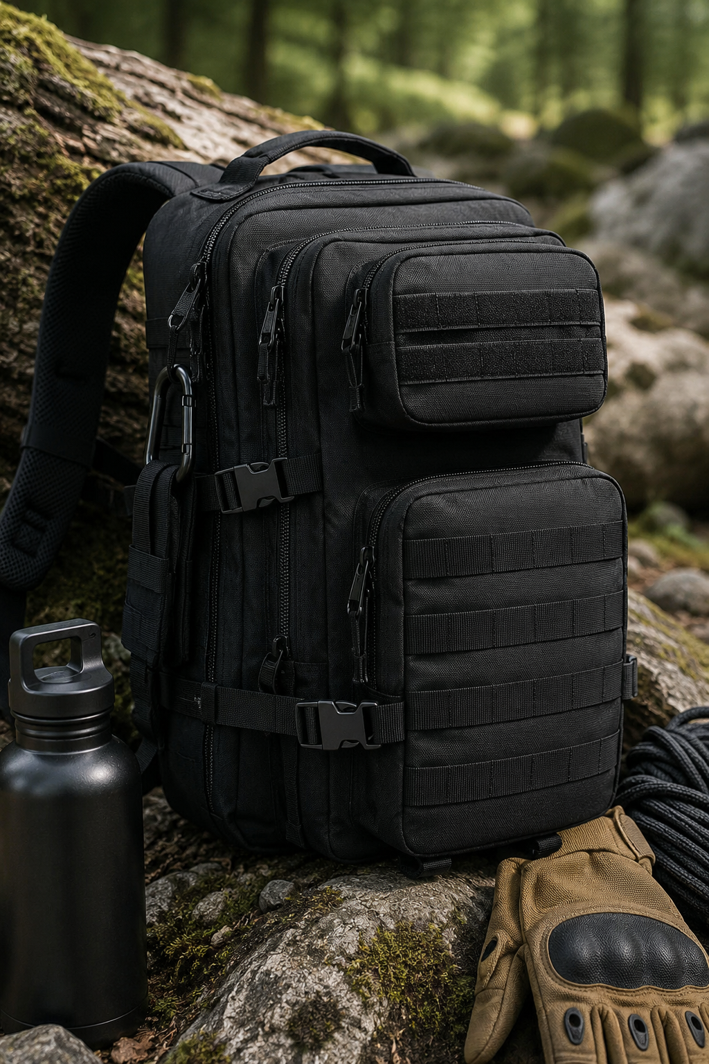 Black tactical backpack for hiking and outdoor trips