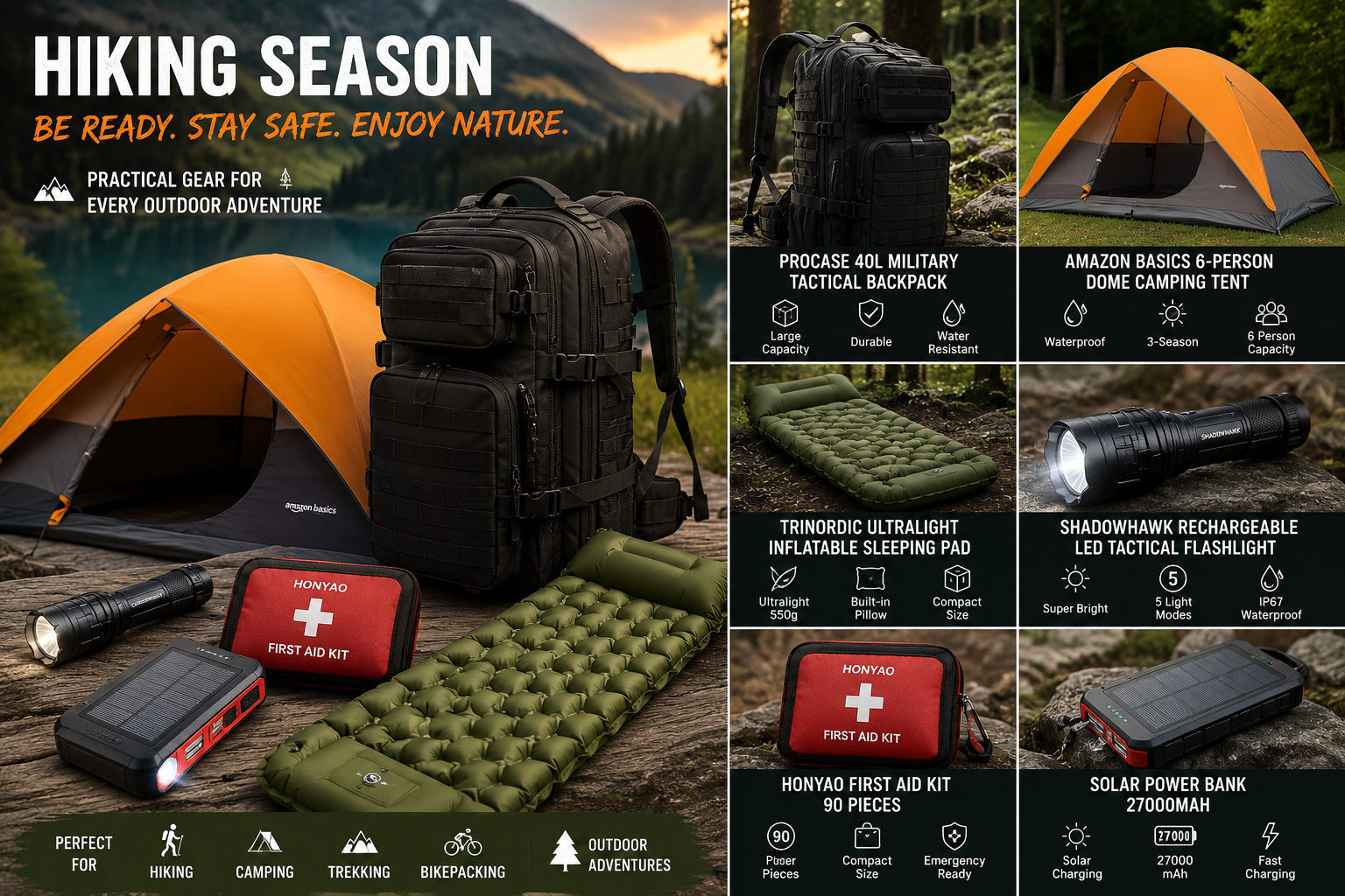 Hiking and camping gear setup with backpack, tent, flashlight, power bank and first aid kit