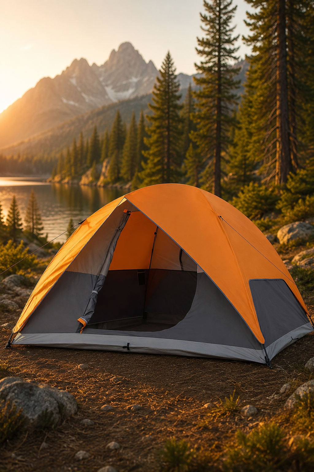 Orange camping tent near a mountain lake