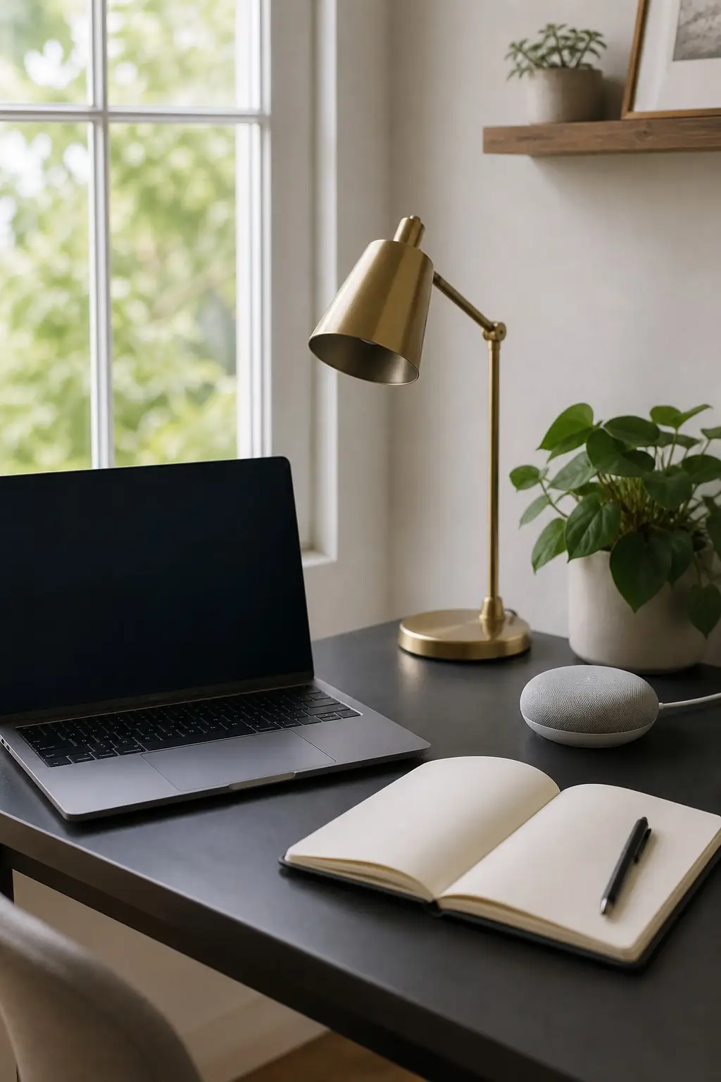 A tidy modern home workspace with a laptop, desk lamp, notebook, and smart speaker